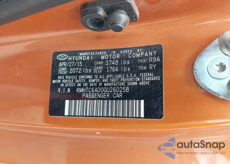 2016 Hyundai Veloster z USA, uszkodzony, nr VIN KMHTC6AD0GU260258